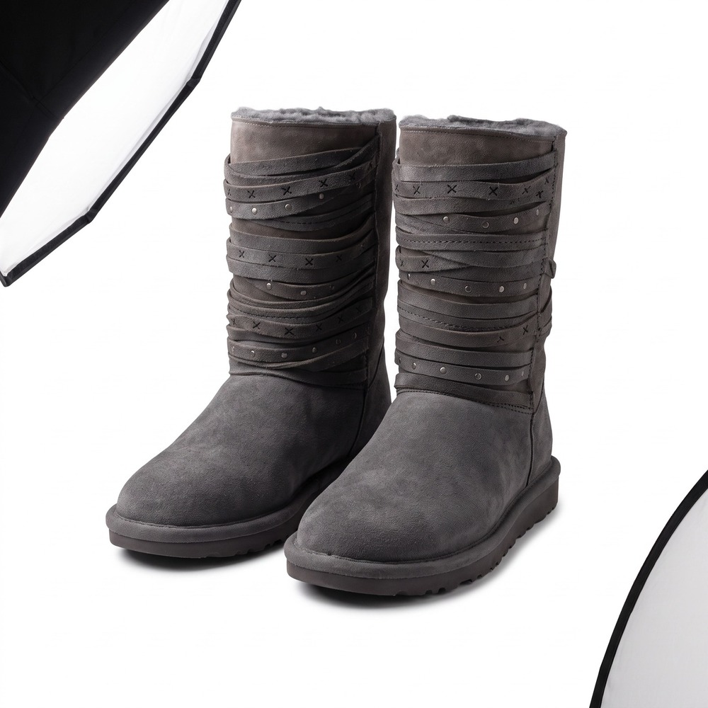 Bearpaw Kennedy Charcoal Gray Suede Studded Wrap Boots Womens 10 2015W-KENNEDY